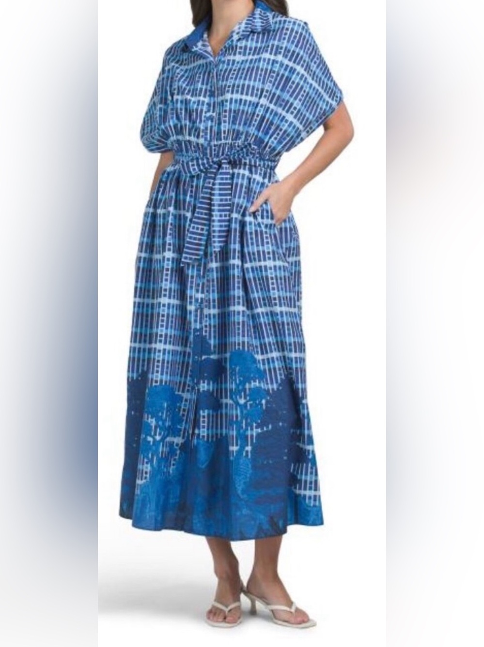 CELINA MOON Blue Plaid & Floral Maxi Dress with Tie Waist